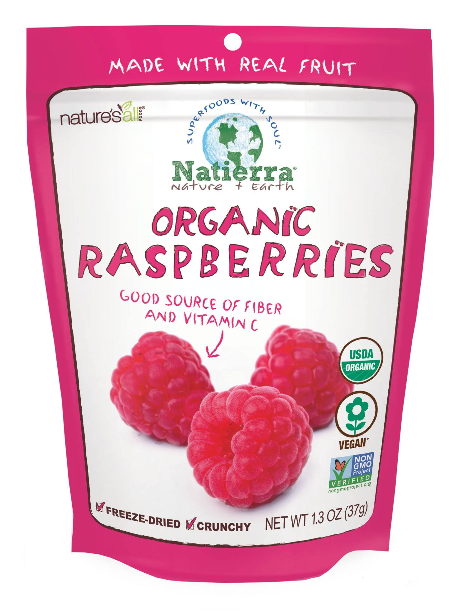 Nature's All Foods Organic Freeze Dried  Raspberries - 1.3 oz pouch