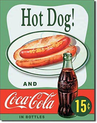 Desperate Enterprises Hot Dog and Coca Cola Coke Combo 15 Cents Retro Vintage Tin Sign - 13" x 16"
