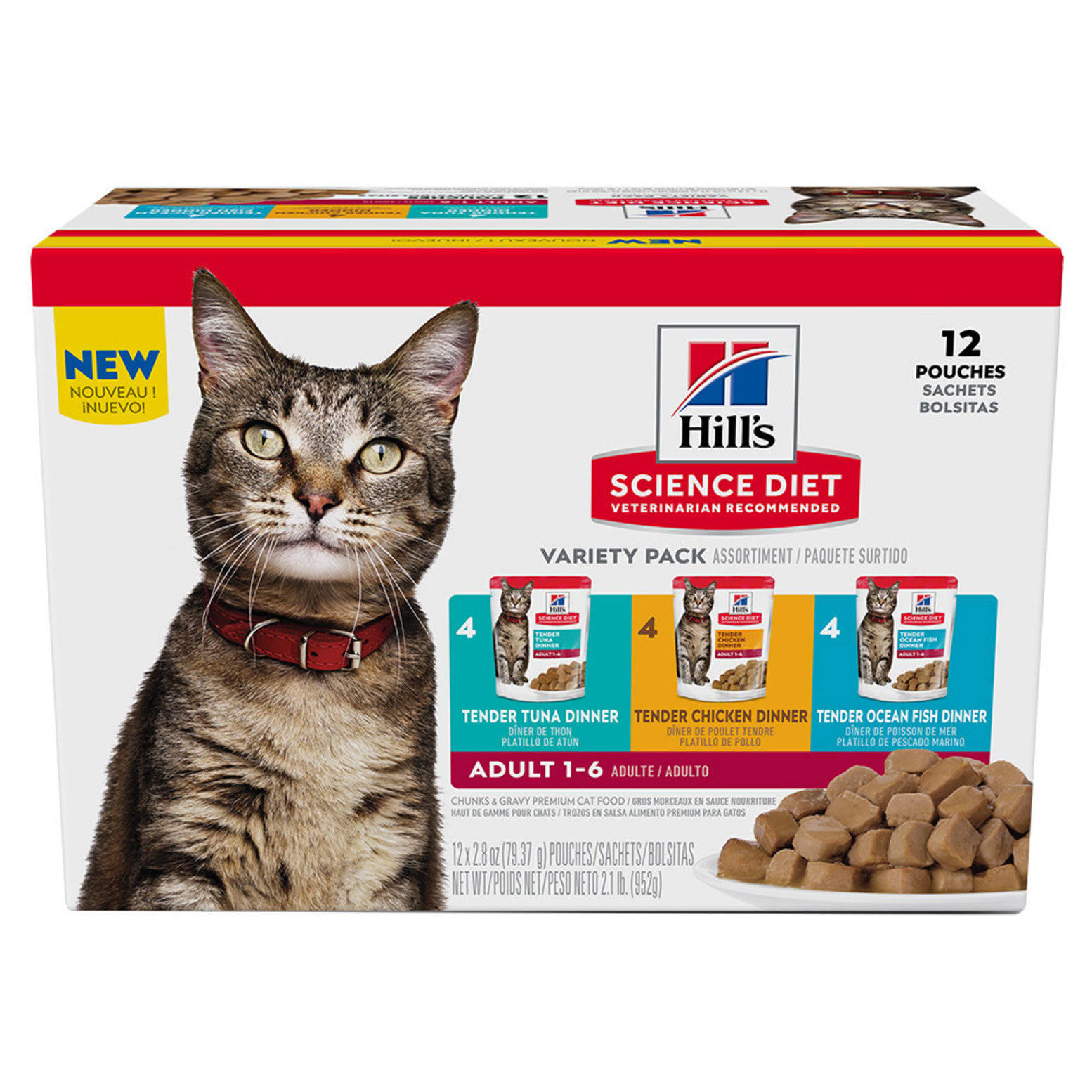 Hill's Science Diet Adult Wet Cat Food Pouch Variety Pack, Chicken, Tuna, and Ocean Fish 79g pouch 12 pouches