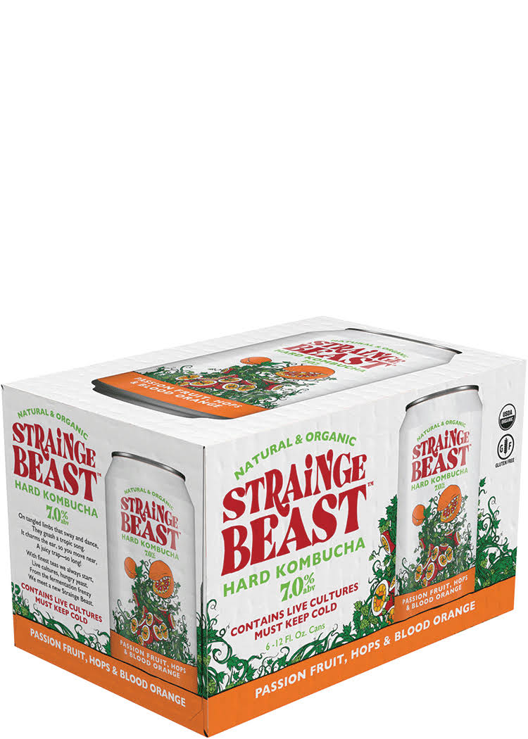 Strainge Beast Hard Kombucha, Blood Orange & Passion Fruit - 6 pack, 12 fl oz cans