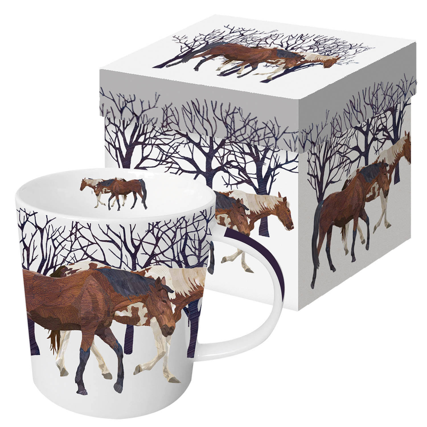 Paperproducts Design Gift Boxed Porcelain Mug, 13.5 oz, Winter Woods Horses, Multicolor