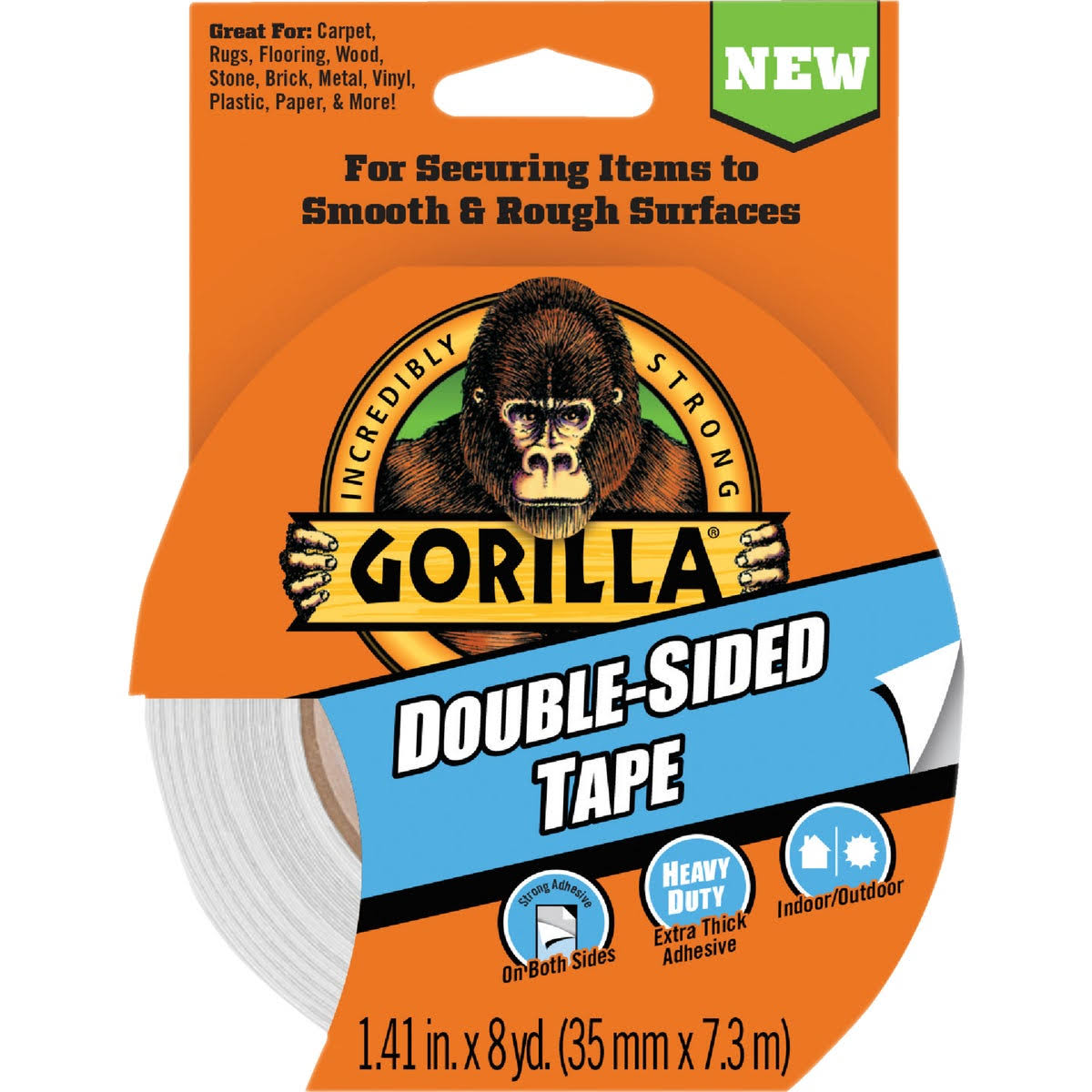 Gorilla 100925 Double Sided Tape, 8 Yd L, 1.41 in W, Gray