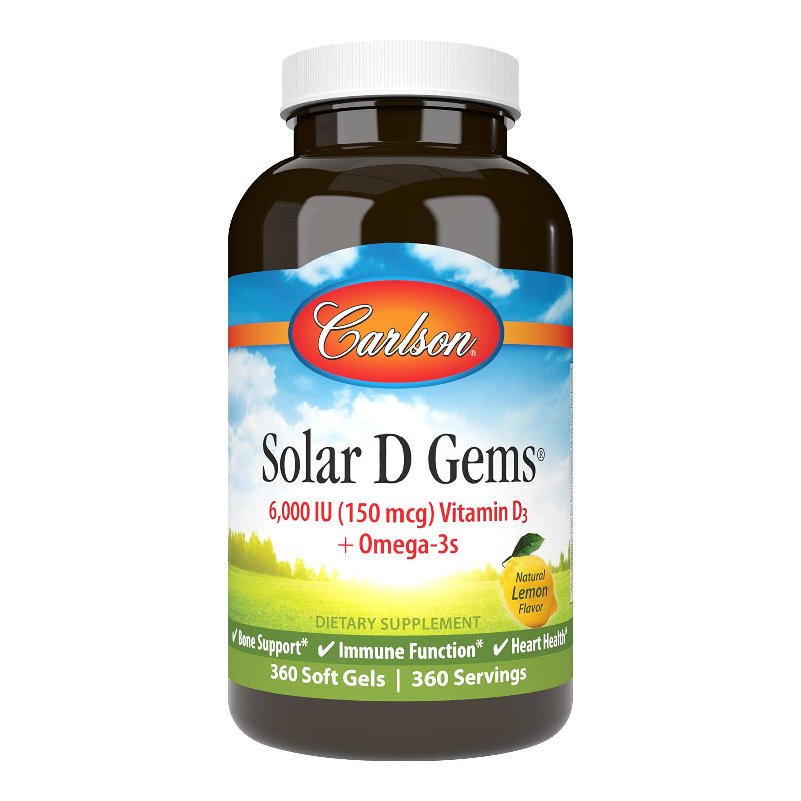 Carlson - Solar D Gems 6000 IU (150 mcg) Vitamin D3, 115 MG Omega-3 EPA and DHA, Vitamin D Fish Oil capsule, Lemon, 360 Softgels