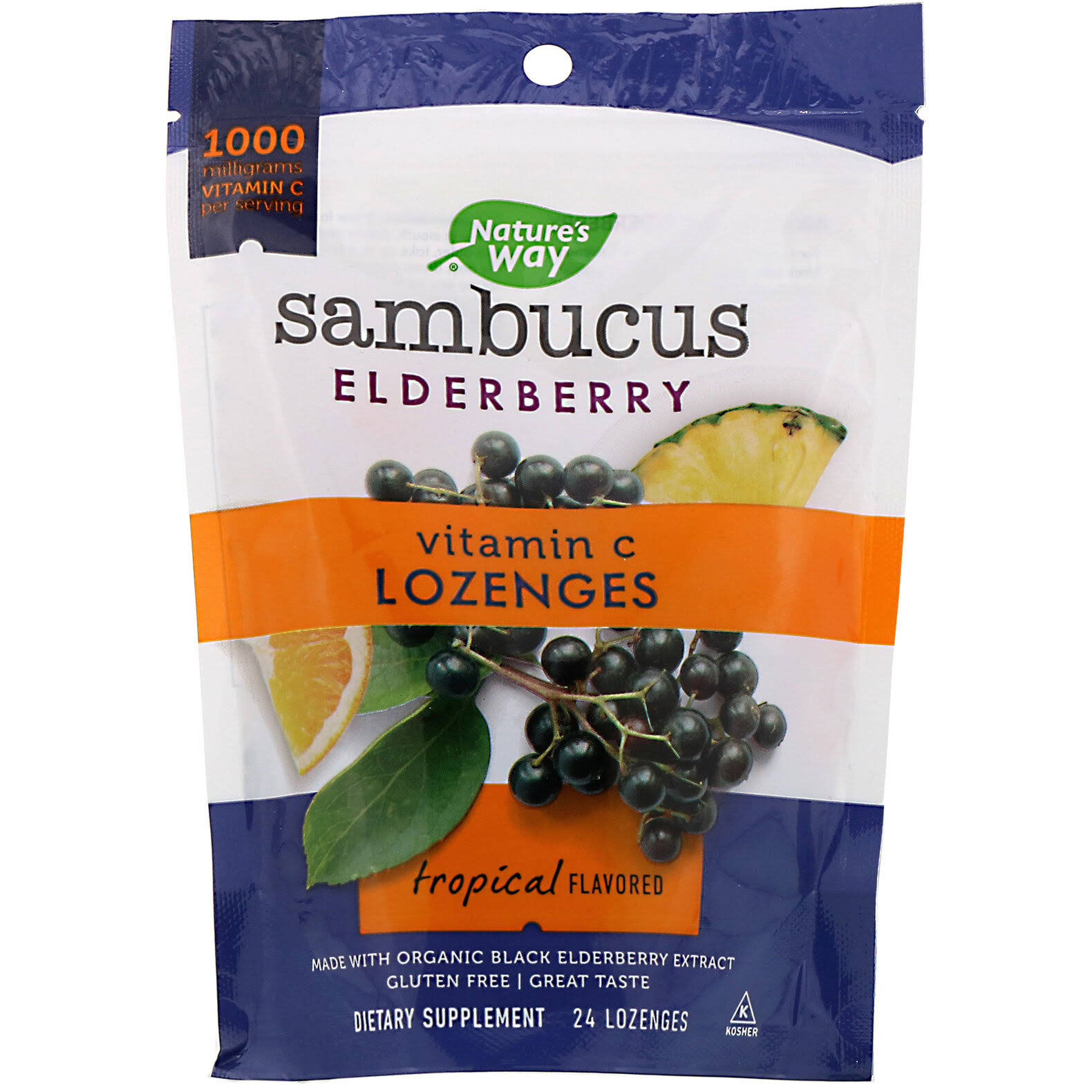 Nature's Way Sambucus Elderberry Vitamin C Tropical 1000 mg. 24 Lozenges