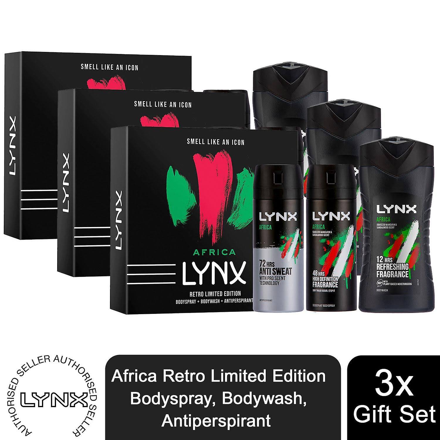 2x Lynx Africa Retro Trio Gift Set For Him, Body Spray, Body Wash & APA Deo 150ml Green