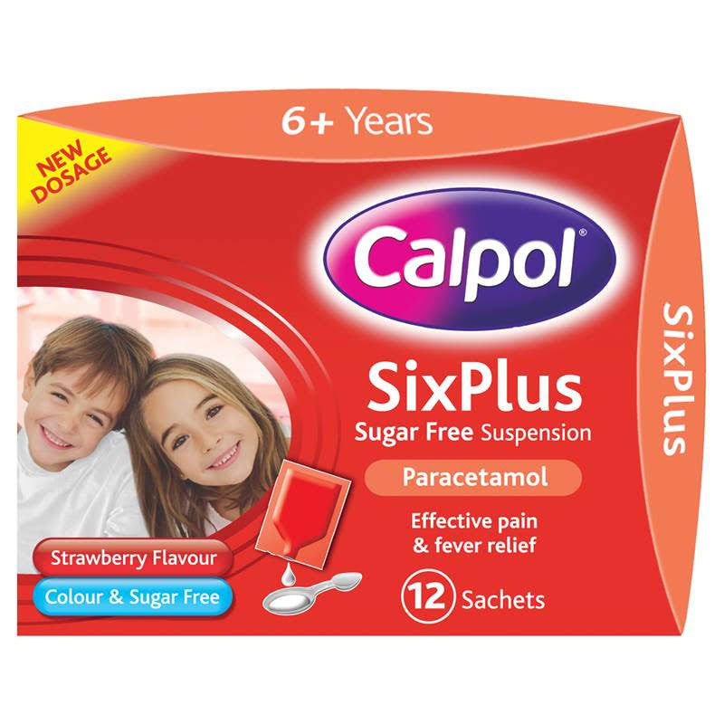 Calpol Six Plus Sugar Free Suspension Pain and Fever Relief - Strawberry Flavor, 12 Sachets
