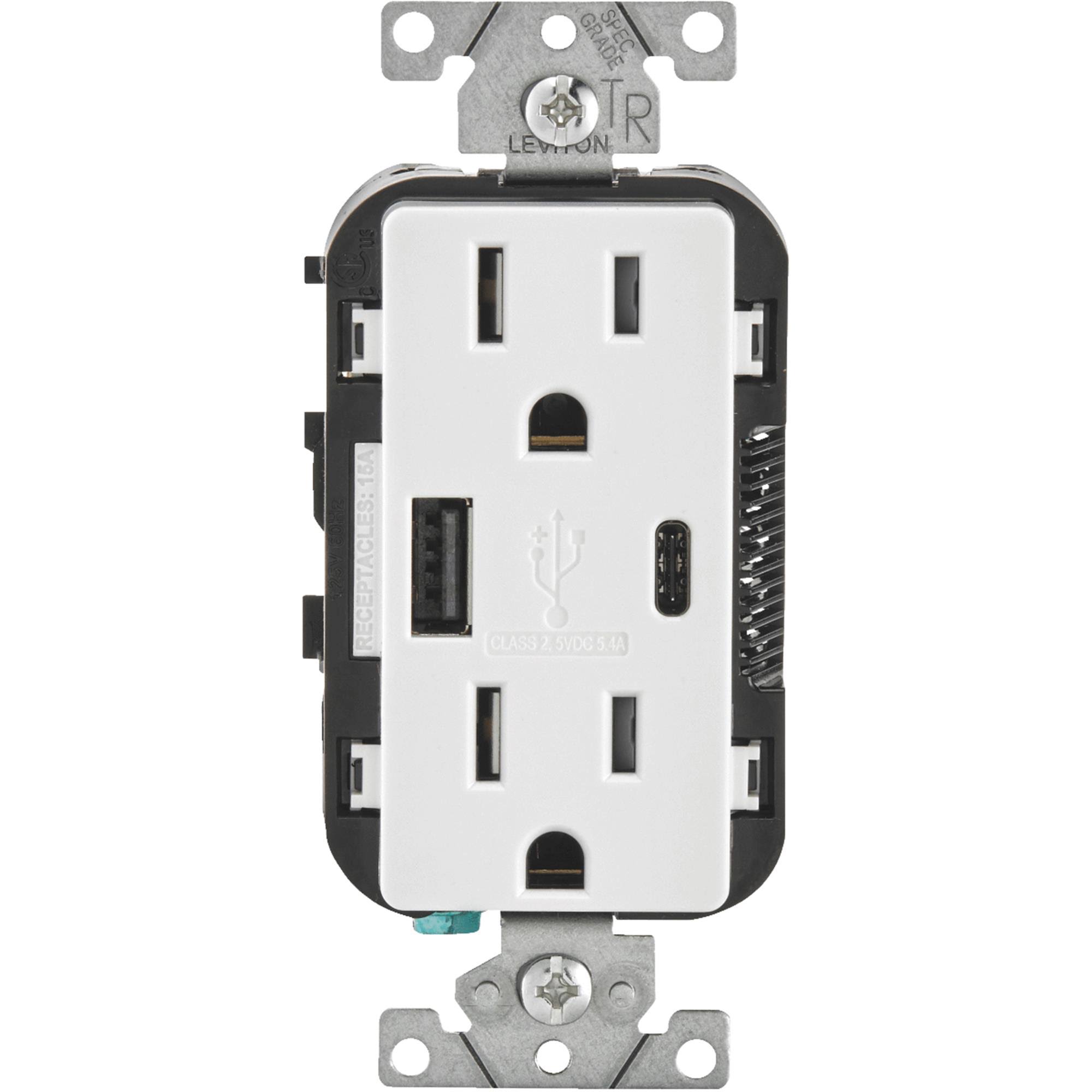 Leviton Decora Type A and C USB Charger Tamper Resistant Outlet - White, 15 Amp