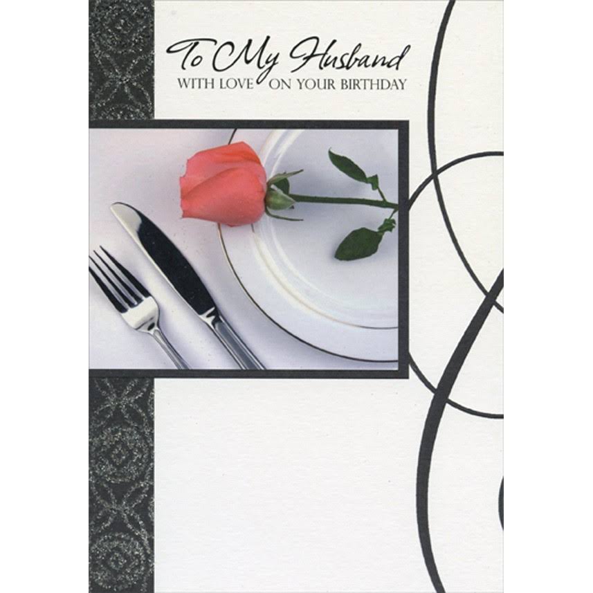 Single Rose on White Dinner Plate Photo Husband Birthday Card