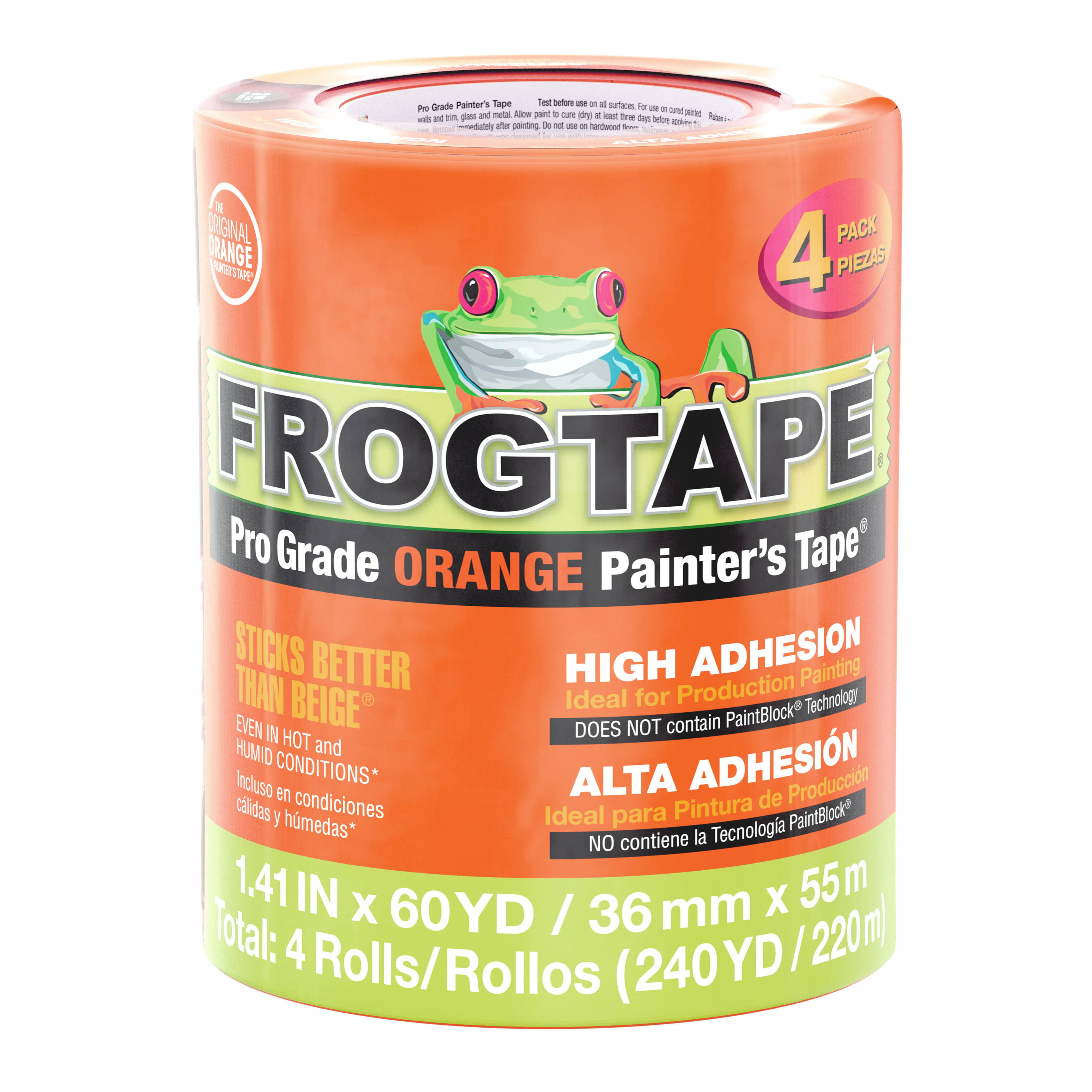 FROGTAPE Pro Grade Orange Painter's Tape, 1.41 Inx60 Yd, 4 Rolls Per Pack, 242808