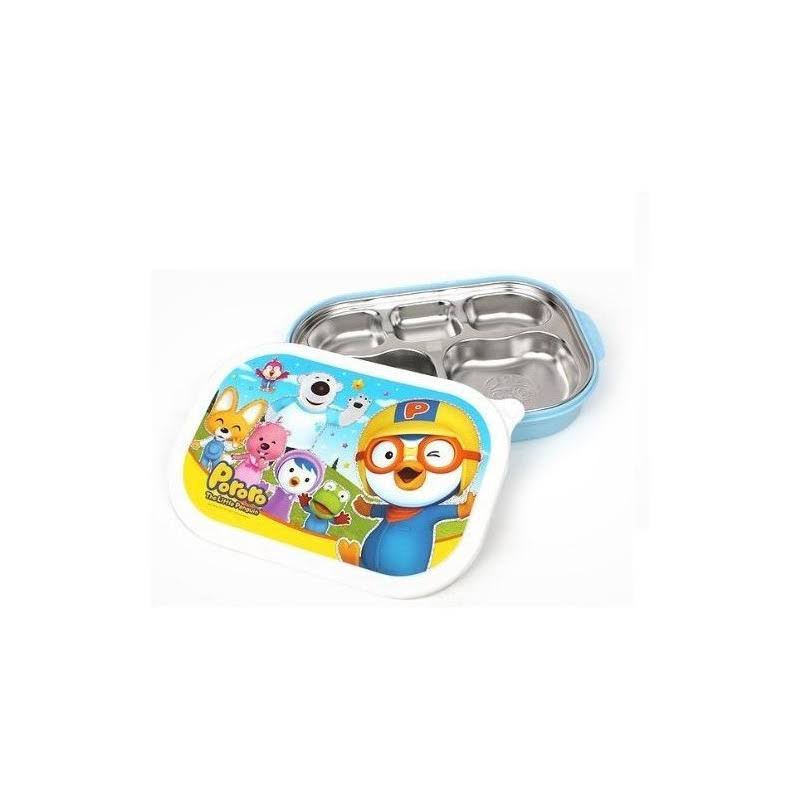 Pororo Portable Stainless Steel Divided Food Tray Platter with Lid in Blue Made in Korea