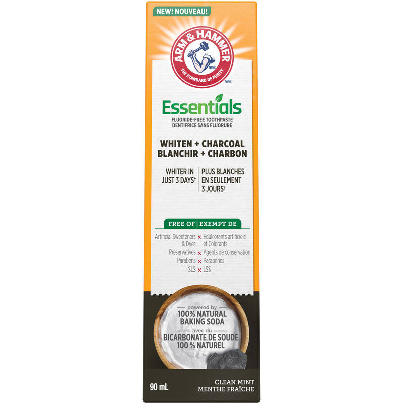 Arm & Hammer Essentials Whiten + Charcoal Fluoride-Free Toothpaste With Natural Baking Soda, Clean Mint