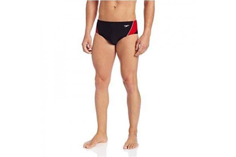 Speedo Men's Endurance+ Launch Splice Brief Swimsuit, Black/Red, 32