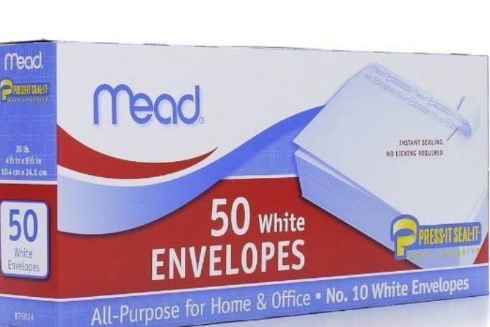 Mead Press-it Seal-it Business Envelope - 4 1/8 x 9 1/2, 20 lb, White, 50ct