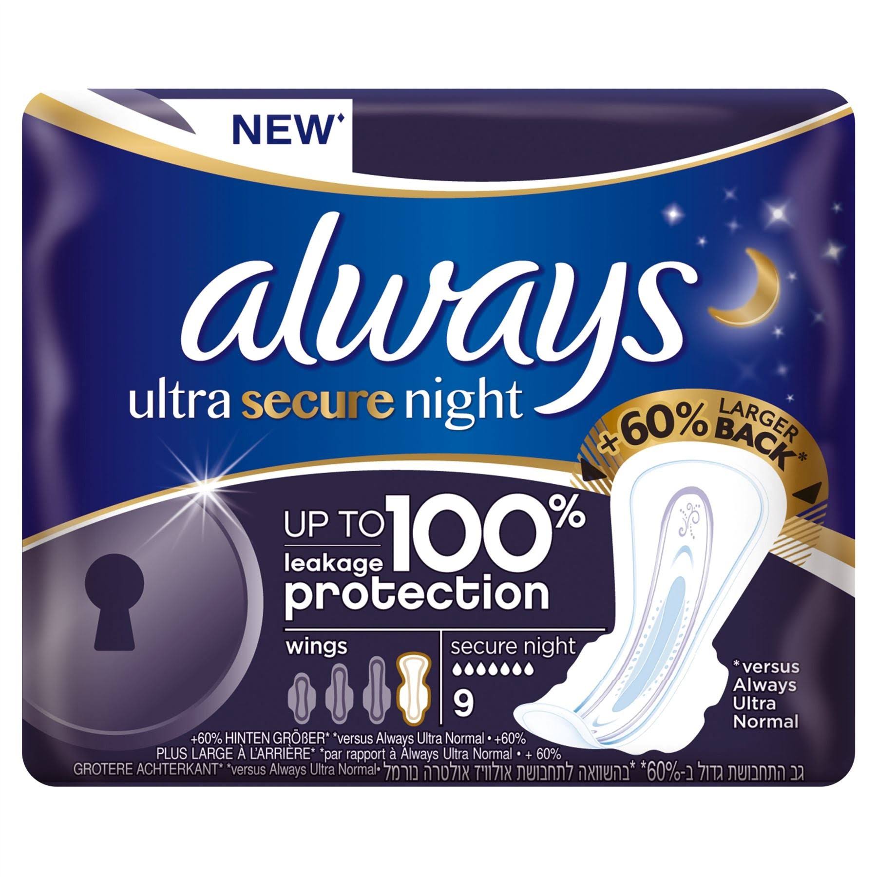 Always Ultra Secure Night Sanitary Pads - Size 4, x9