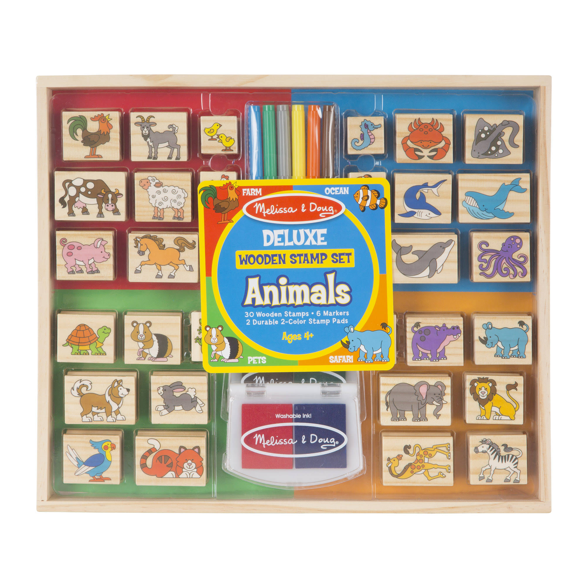 Melissa & Doug Deluxe Wooden Stamp Set: Animals - 30 Stamps, 6