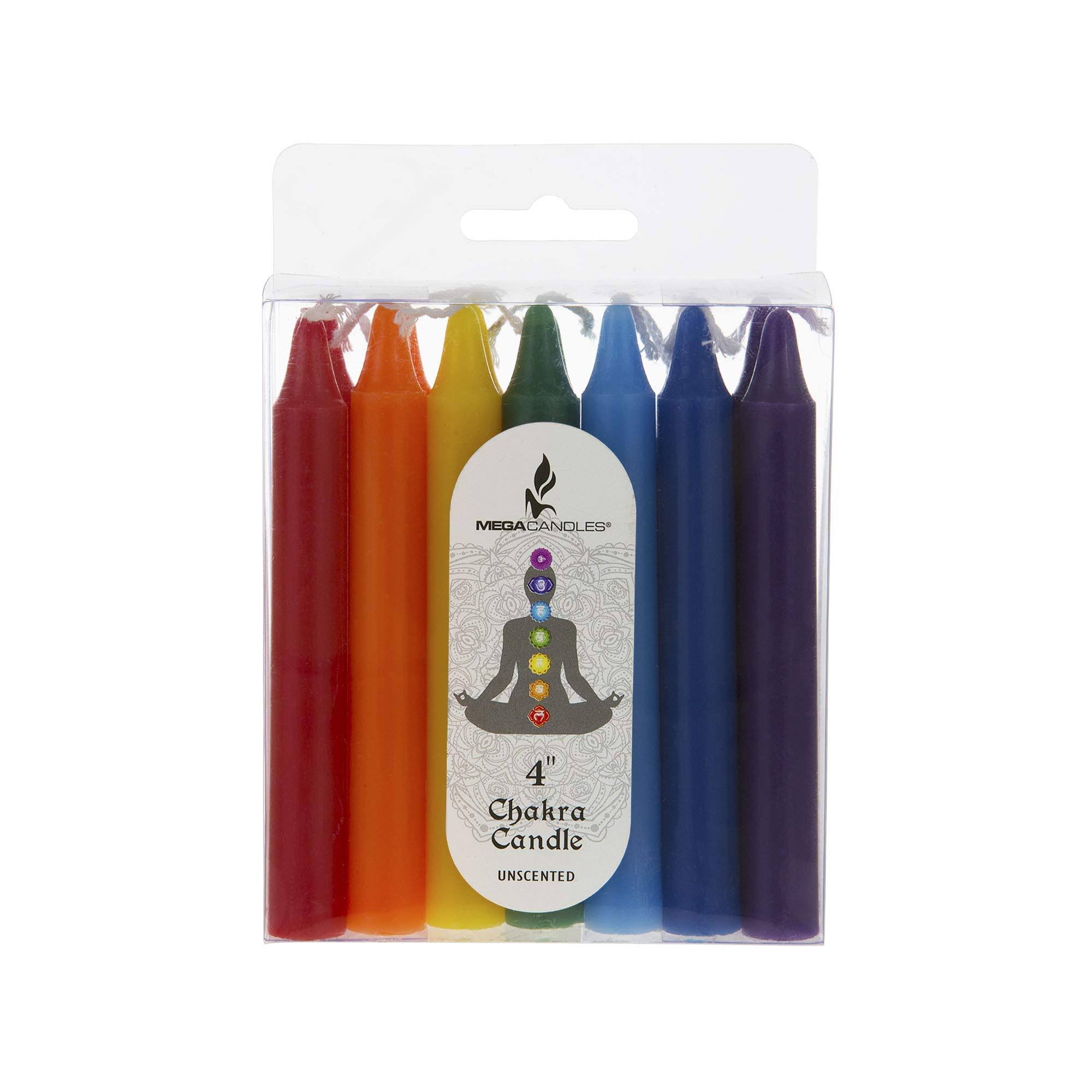 Mega Candles 14 Pcs Unscented Chakra Straight Taper Candle, Hand Poured Premium Wax Candles 4 inch x 1/2 inch, 100% Lead Free Cotton Wick, Promotes