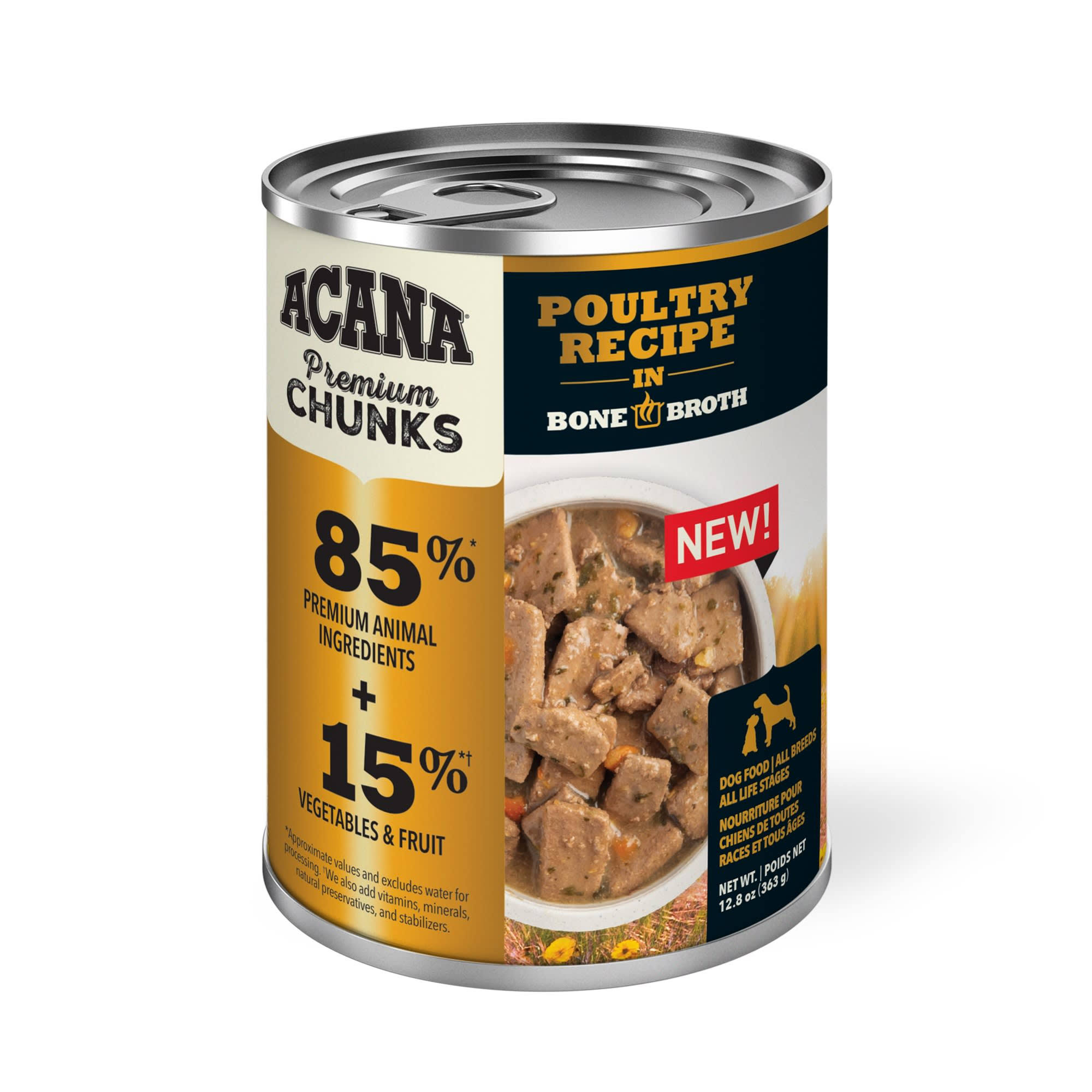ACANA Premium Chunks Poultry Recipe in Bone Broth Wet Dog Food, 12.8-oz, Case of 12