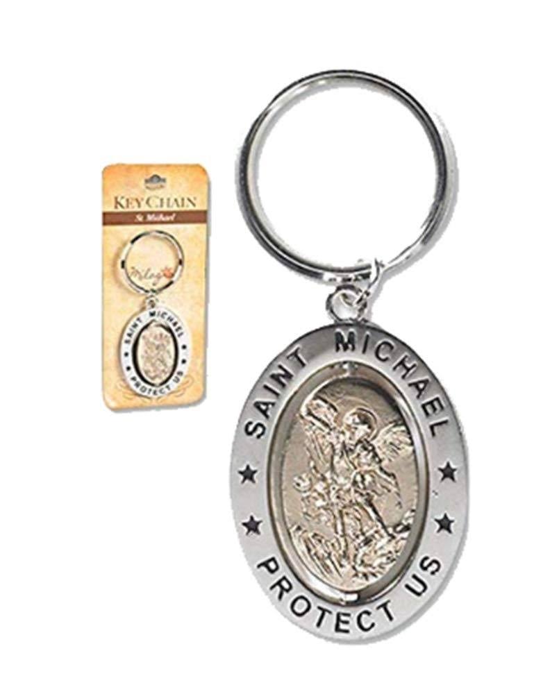 Religious Gifts Saint ST Michael 3 1/4" Zinc Alloy Silver Plate Revolving Dual Tone Key Ring with Prayer