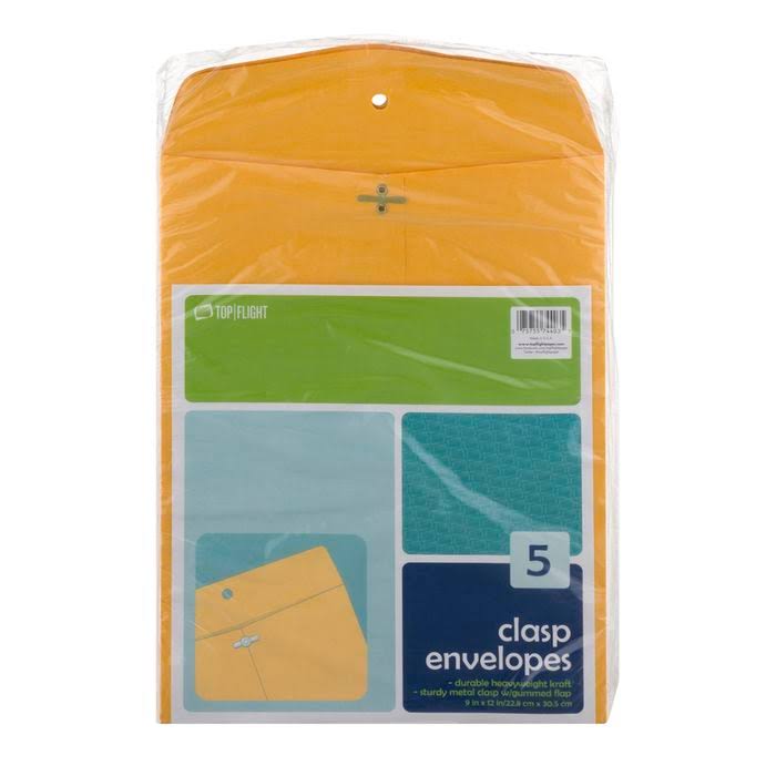 Top Flight Clasp Envelopes Gummed and Clasped Closure 9 x 12 Inches Brown Kraft 5 Envelopes per Pack (6911009)