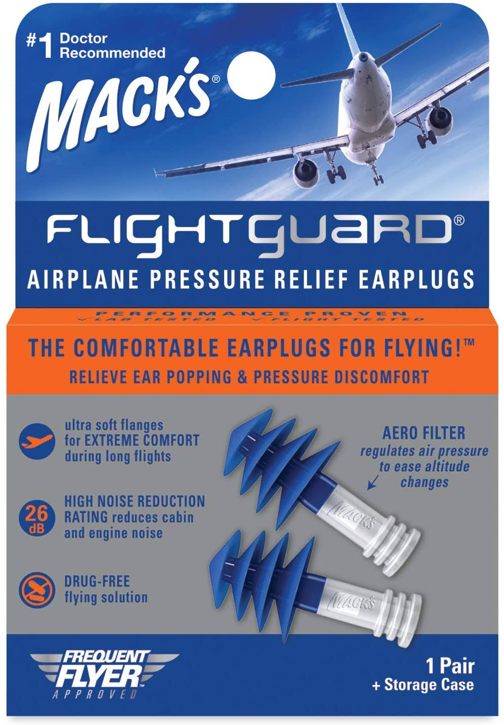 Mack's Flightguard Airplane Pressure Relief Reusable Ear Plugs