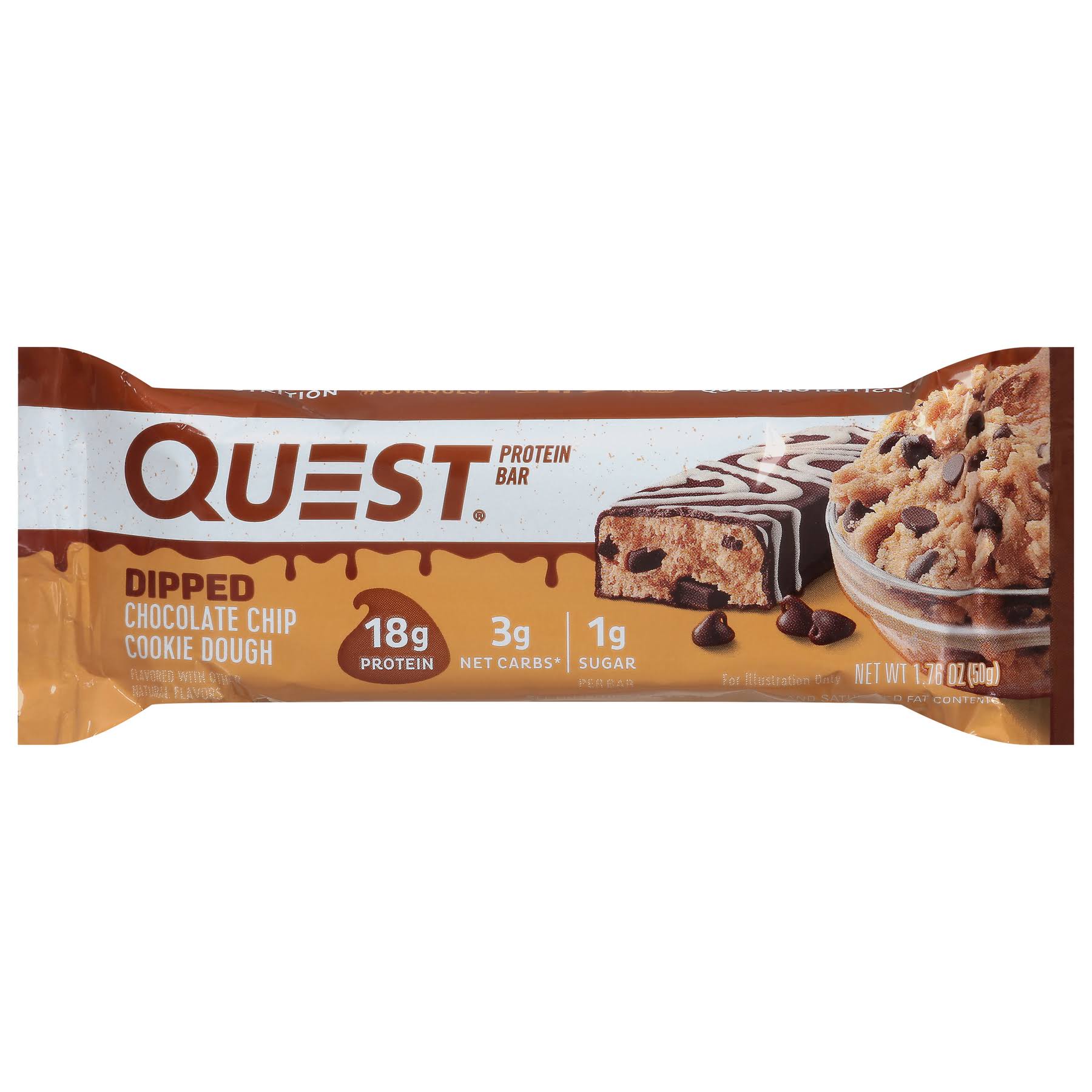 Quest High Protein Bar Dipped Chocolate Chip Cookie Dough Low Carb Keto 1.76 oz Bar