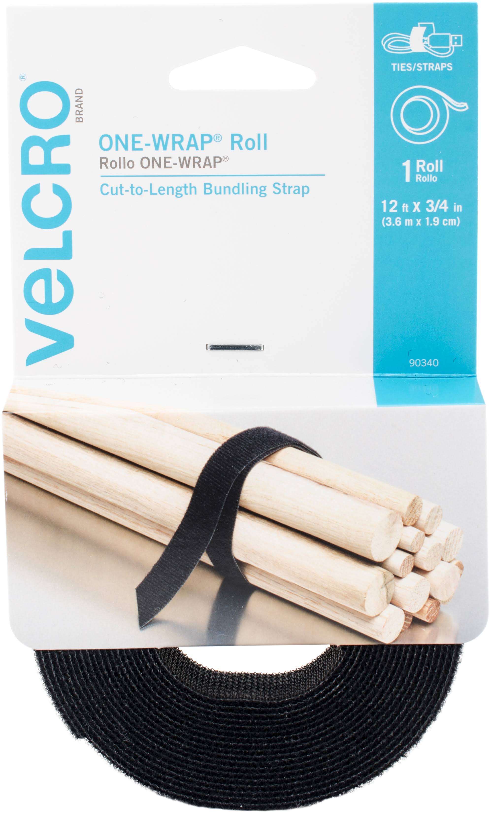 Velcro One-Wrap Strap - Black, 12"