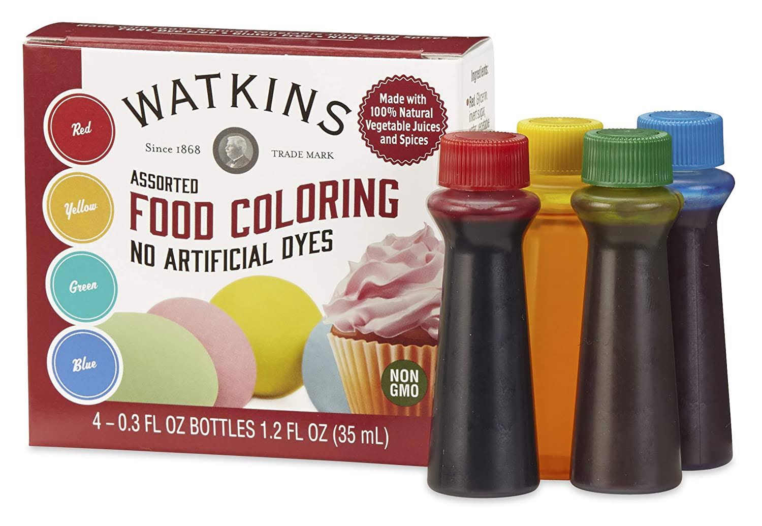 Watkins Assorted Food Coloring - Red, Yellow, Green, Blue, .3oz, 4 Count