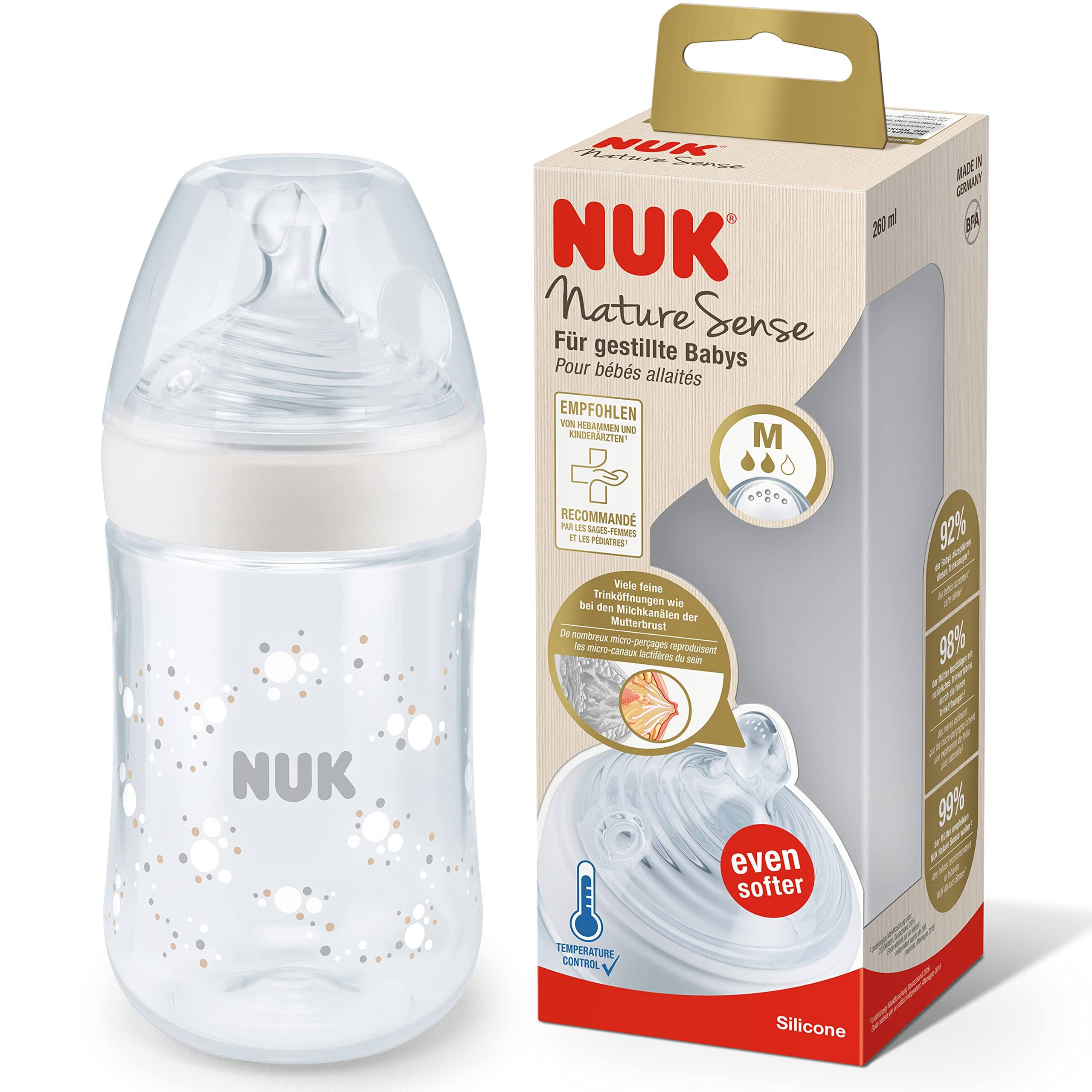 NUK Nature Sense 260ml Bottle with Medium Flow Silicone Teat 6-18m