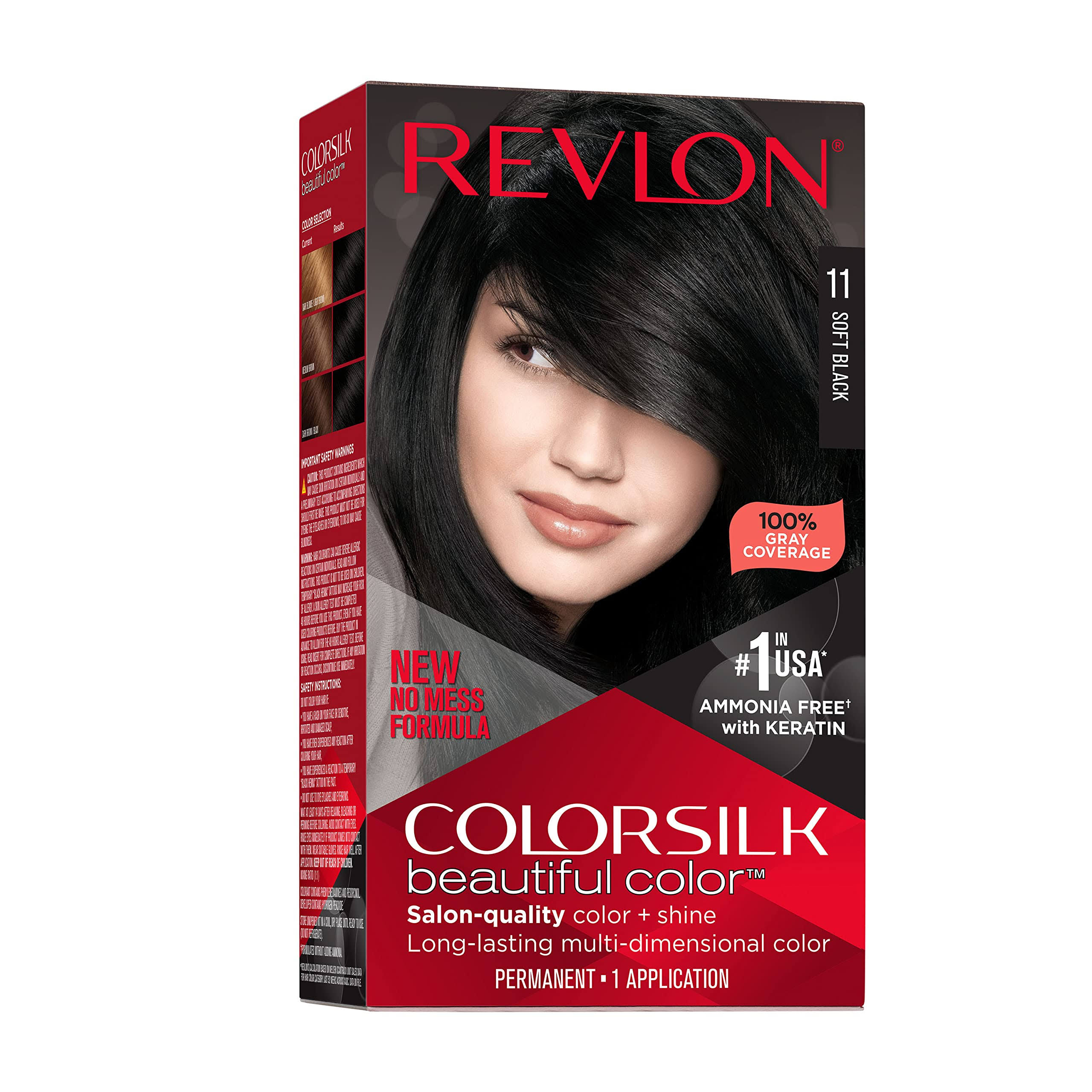 Revlon New ColorSilk Beautiful Permanent Hair Color, No Mess Formula, 11 Soft Black, 1 Pack