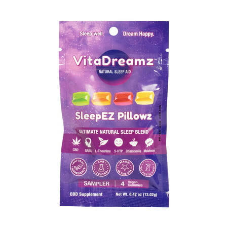 Vitadreamz SleepEZ Pillowz Natural Sleep Aid GABA L-Theanine 5-HTP Chamomile with Melatonin Try Me Size 4 Gummies
