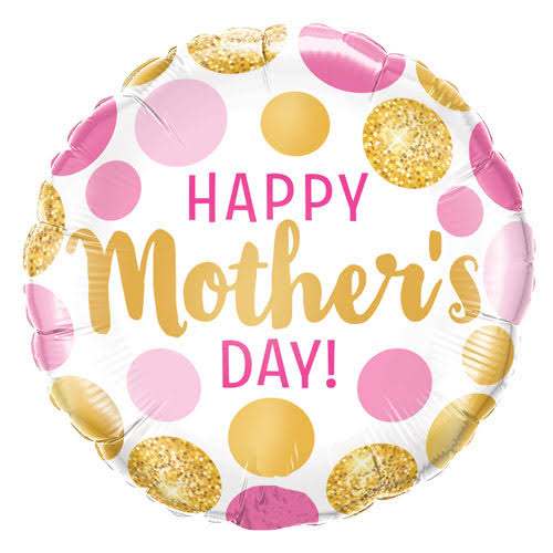 Qualatex Round Mother's Day Foil Balloon - Pink and Gold Dots, 18"