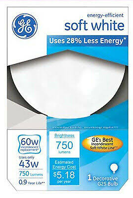 GE G25 White Light Bulb - Soft White, 43W