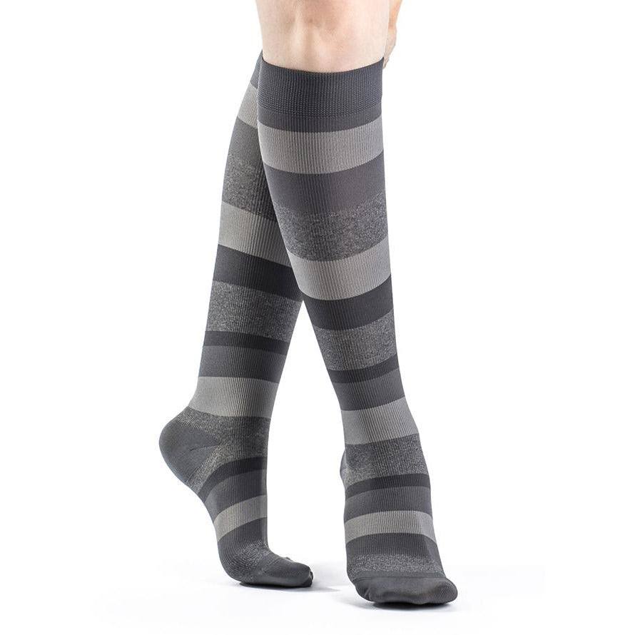 Sigvaris Men's Microfiber Shades Closed Toe Compression Socks - Graphite Stripe, Medium Long