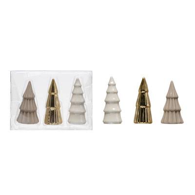 The Holiday Aisle Stoneware Trees, Grey, Gold & White, Boxed Set Of 3 Size: 4.38" H x 2" W x 6.13" D