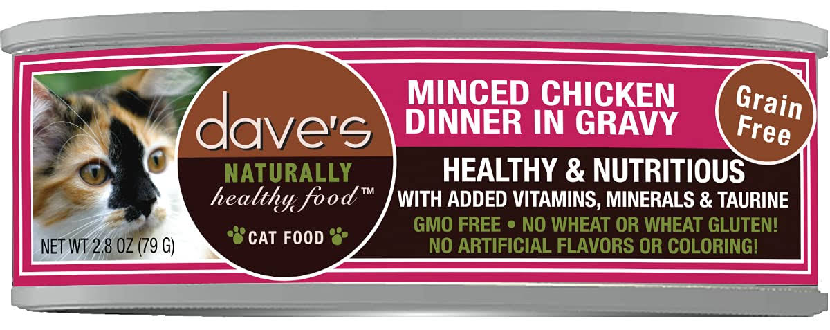 Dave's Pet Food Minced Chicken Dinner in Gravy, Canned Cat Food, 2.8oz Cans, Case of 24, Brown