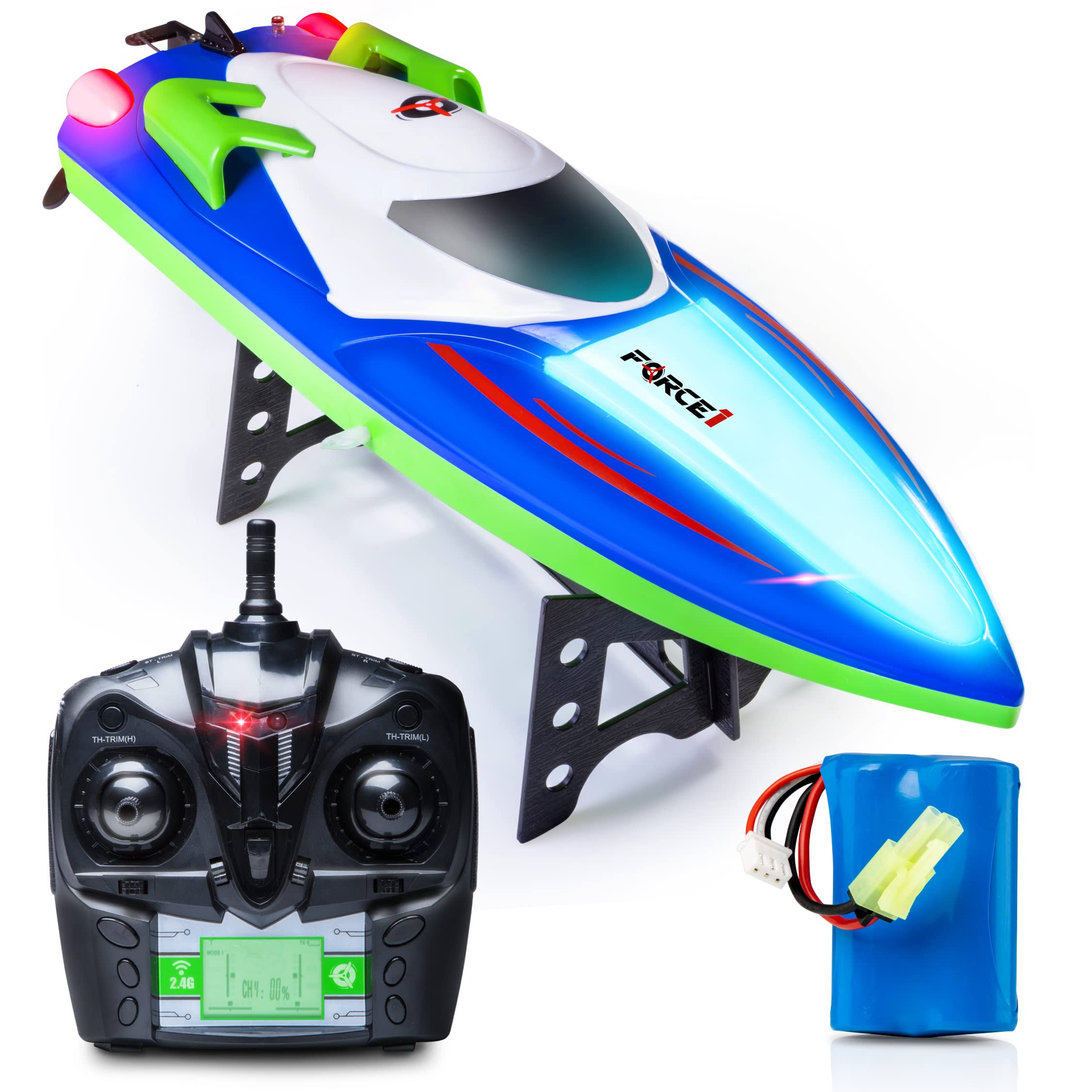 Force1 Velocity X H102 LED RC Boat - Remote Control Boat for Pools or Lakes with Bright LED Lights, Fast RC Boat for Adults and Kids 20+ mph, 4