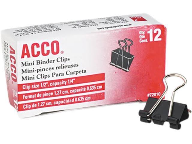 Acco 72010 Mini Binder Clips - Black, 1/4", 12ct