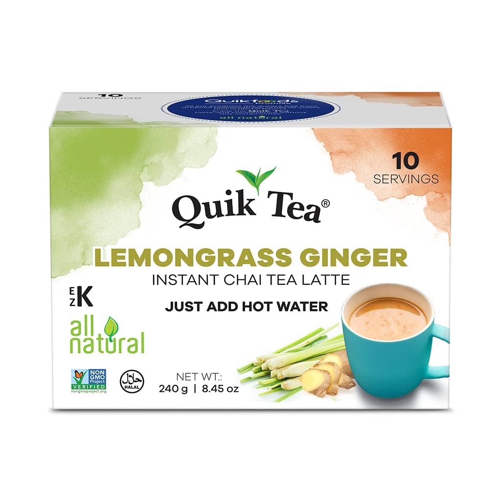 Quik Tea Lemongrass Ginger Instant Chai Tea Latte - 10 Count Single Box - All Natural Digestion Tea | Just Add Hot Water