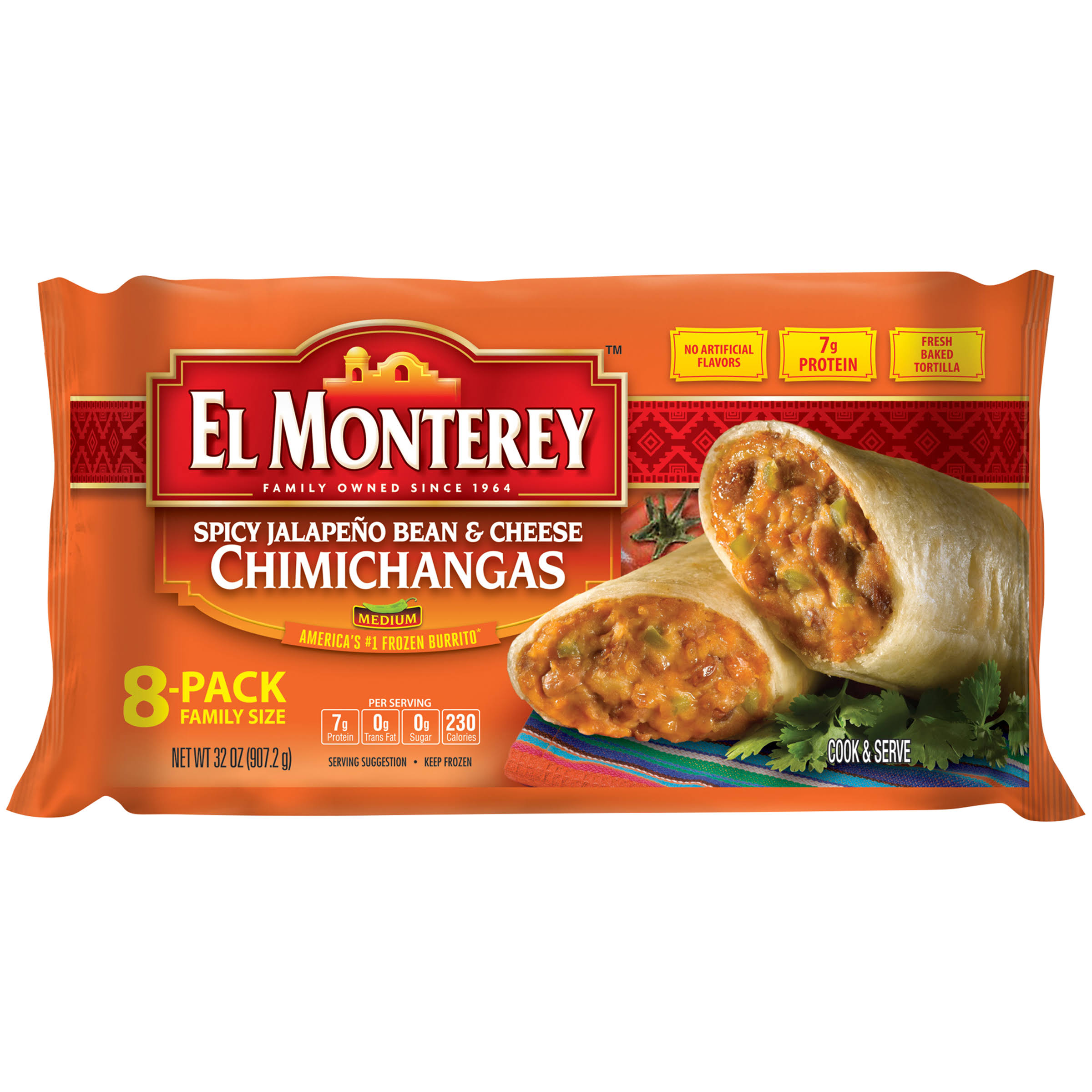 El Monterey Chimichangas, Spicy Jalapeno Bean & Cheese, Medium, Family Size, 8 Pack - 8 pack, 30.4 oz
