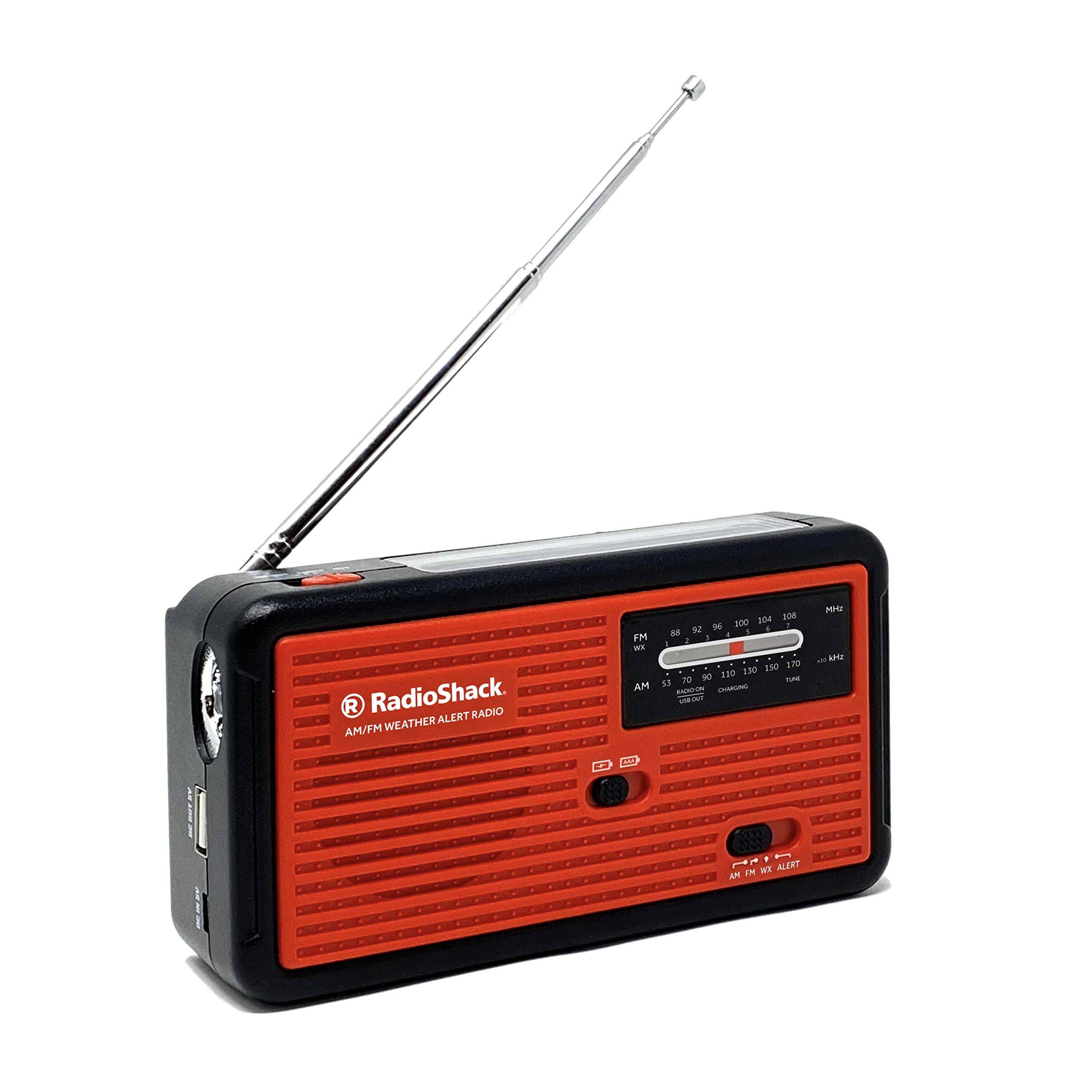 RadioShack AM/FM/WX Emergency Crank Radio with NOAA Weather Alert - Built-in Solar Panel, Flashlight, and USB Charger