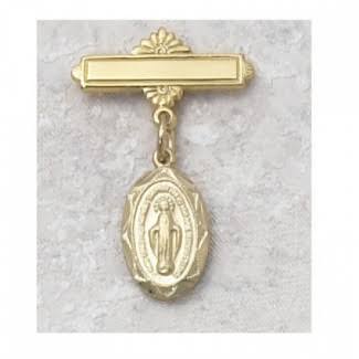 Gold Over Sterling Silver Oval Mirac Baby Pin Great Baptism Christening Gift Baby Badge