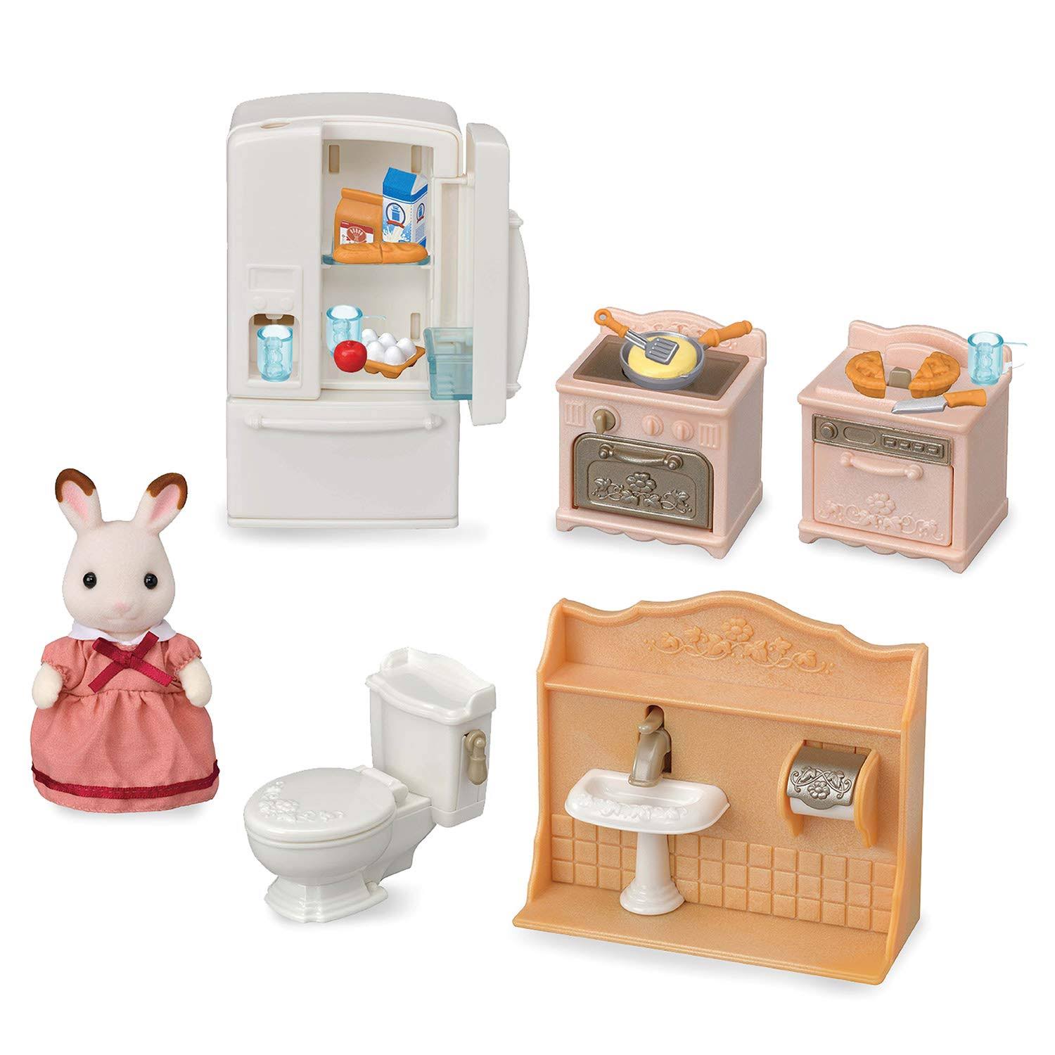 Calico Critters Playful Starter Furniture Set, Dollhouse Furniture Set with Figure and Working Appliances