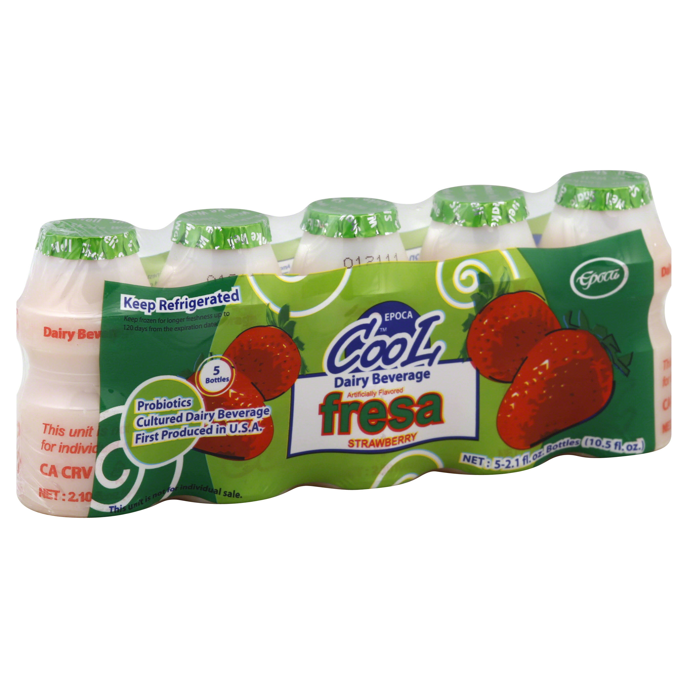 Epoca Dairy Beverage, Cool, Strawberry - 5 pack, 2.1 fl oz bottles