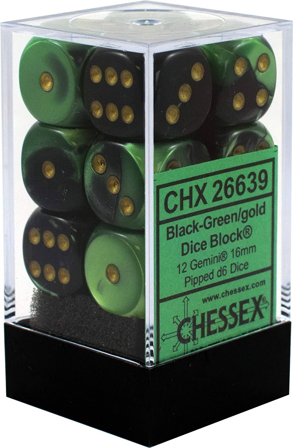 Chessex Dice - Gemini: 16mm D6 Black Green/Gold (12)