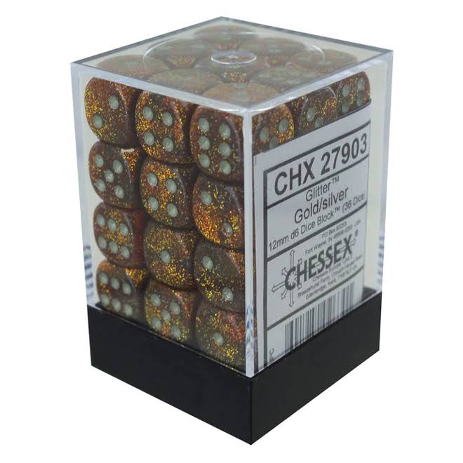 Chessex Glitter D6 Dice - Gold/Silver, 12mm, 36ct