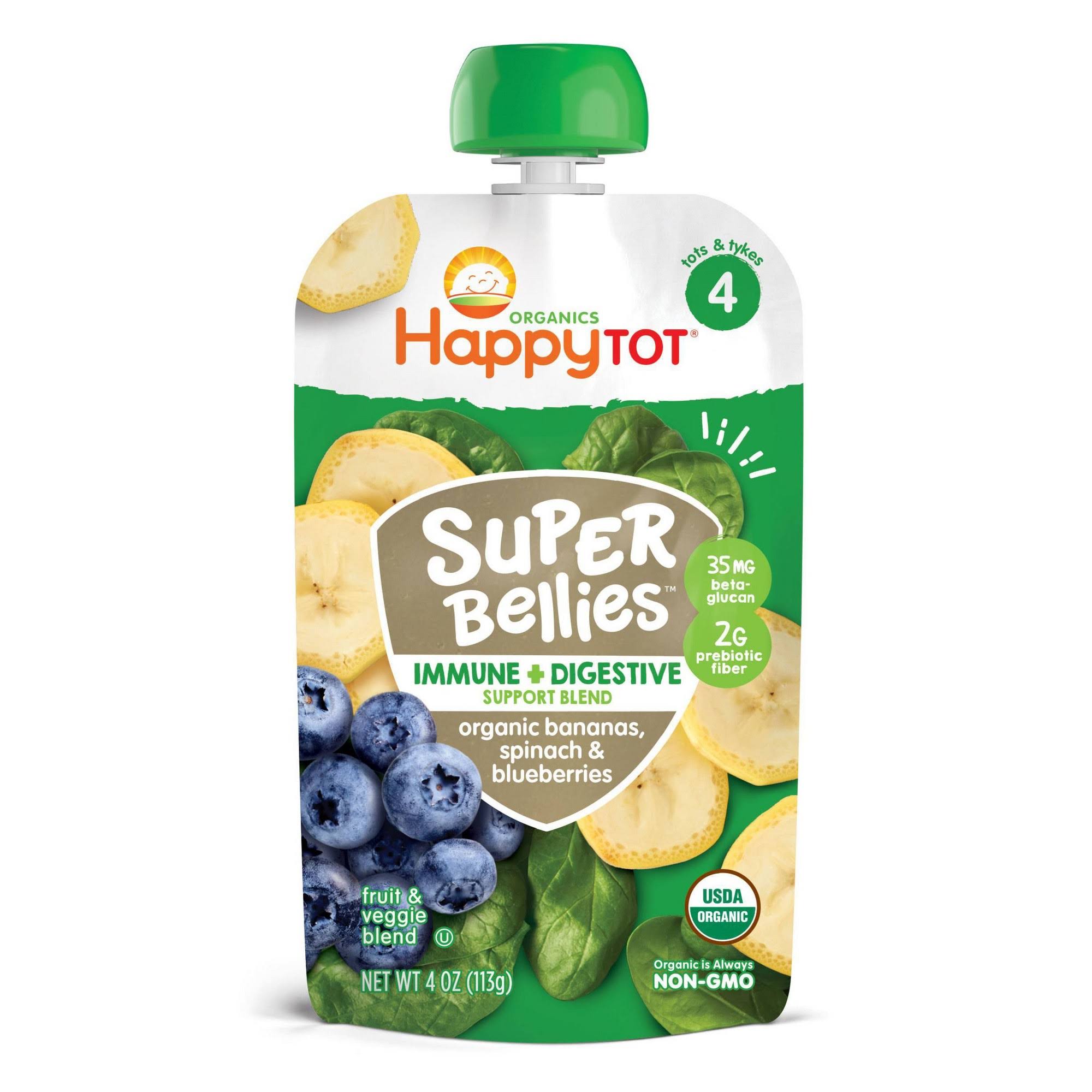 Happytot Organics Super Bellies Fruit & Veggie Blend, Bananas, Spinach & Blueberries, 4 Tots & Tykes - 4 oz