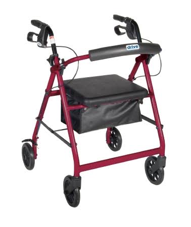 Drive Medical Rollator Rolling Walker - with 6" Wheels, Fold Up Removable Back Support and Padded Seat, Red