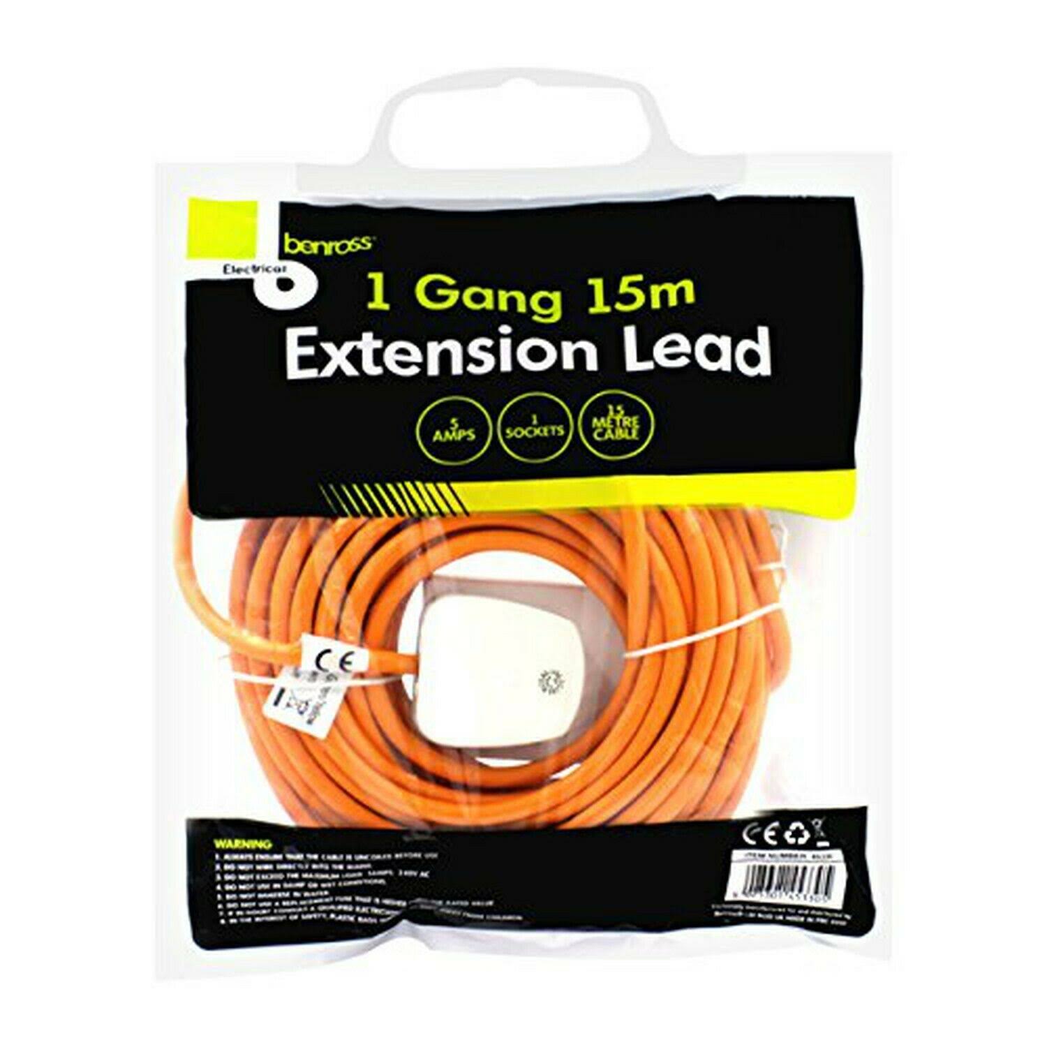 Benross 45330 1-Way Extension Lead with 15M Cable, Orange