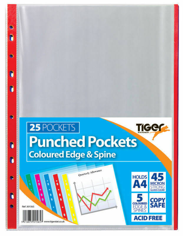 Tiger 301565 A4 Coloured Edge & Spine Punched Pockets - Pack 25