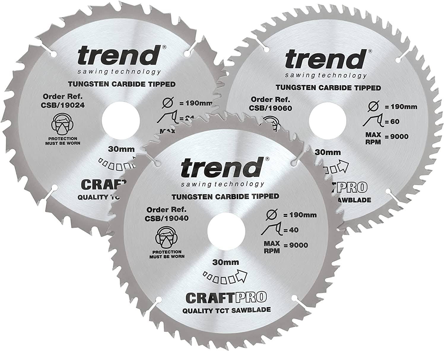Trend CSB/190/3PK Craft Pro Triple Pack of TCT Circular Saw Blades, 190mm x 24, 40 and 60 Teeth x 30 Bore, Tungsten Carbide Tipped
